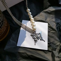 new asymmetrical chain necklace new design hot selling round simulated pearls metal butterfly pendant necklace jewelry gifts