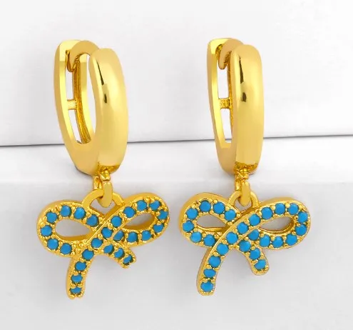 Разноцветные латунные серьги-кольца с бантом и микрозакрепкой из кубического