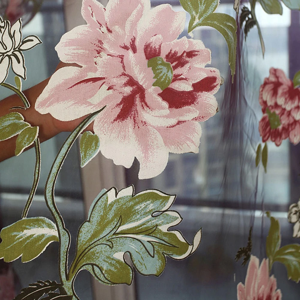 

Tulle Door Curtain Partition Draping Panel Transparent Hanging Cloth Floral Tulle Elegant Peony Flower Door Window Avoid Flies