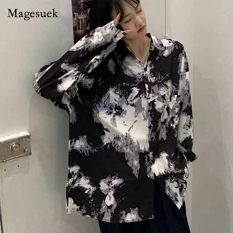 

Women Long Sleeve Lapel Chiffon Shirt Print All-match Top Plus Size Autumn Korean Style New Loose Mid-length Blouse Blusas 11773