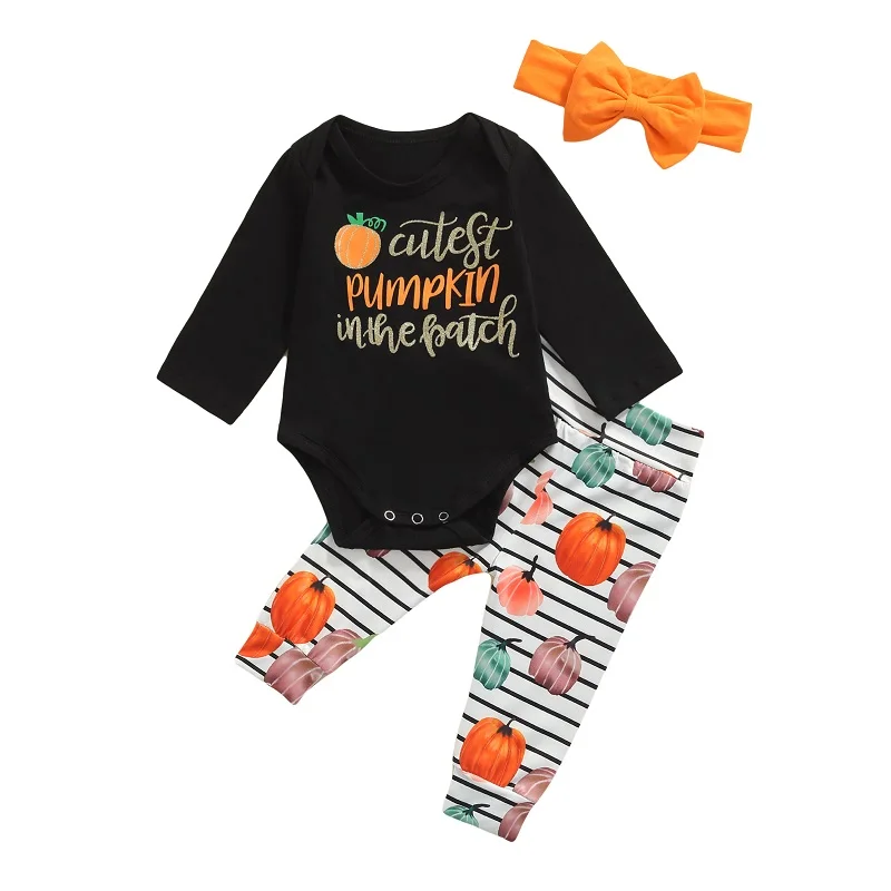 

0-24M Halloween Newborn Baby Boy Girl Long Sleeve Cotton Bodysuit Tops Pumpkin Print Striped Long Pant Headband 3PCS Clothes Set