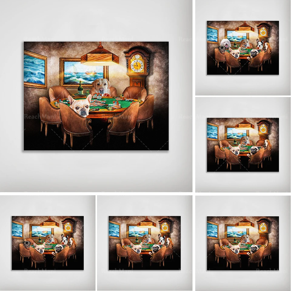

Dog playing poker fun posters and print wall pictures cool pet dog pug in casino art canvas painting living room home decoration