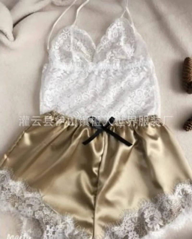 QWEEK Womens Pajamas Sleepwear Sexy Lace Lingerie Summer Thin Pyjamas Women Set Sexy V-neck Backless Pijamas Female Dropshipping