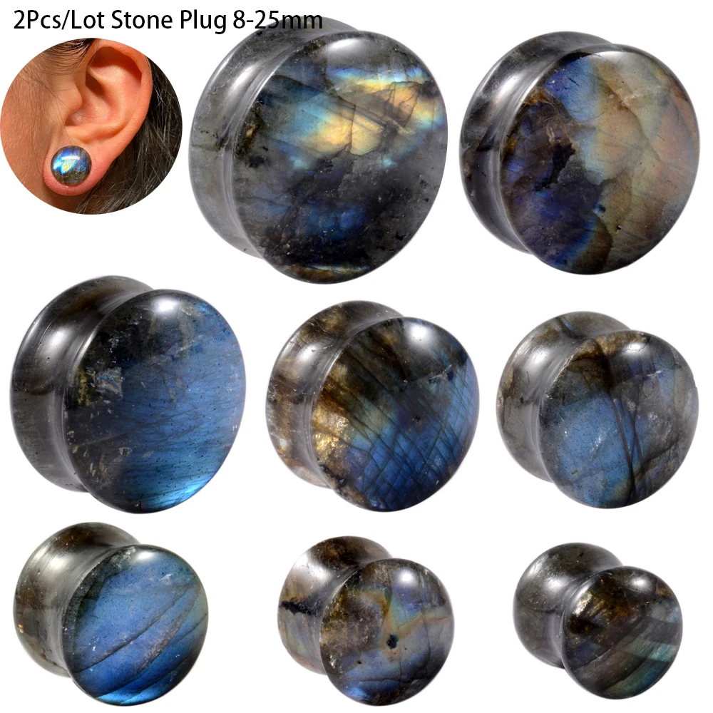 

PAIR Labradorite Glow Stone Ear Plugs Flesh Tunnel Expander Gauge Piercing Double & Single Flare Stretchers Body Jewelry