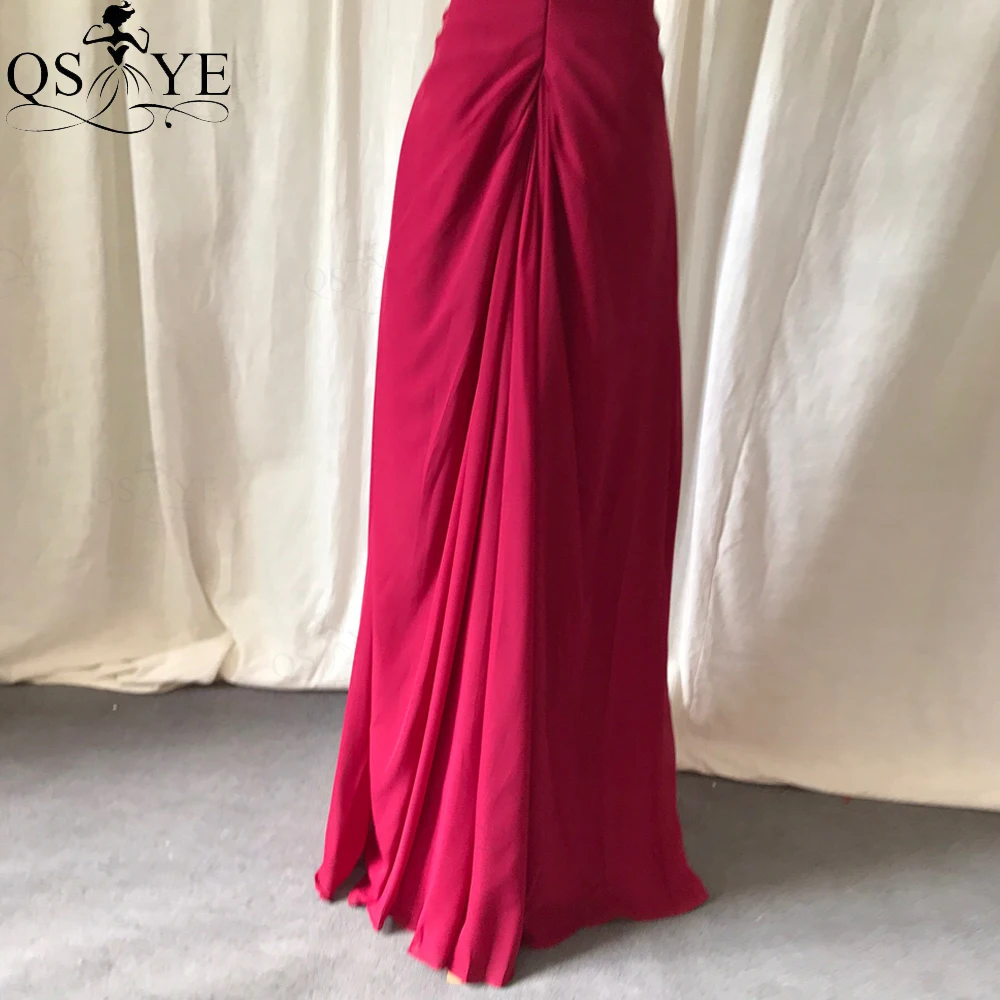 

QSYYE Broken Size US6 Dark Red Chiffon Mother of the Bride Dresses Straight Ruched Evening Dress Off Shoulder Sleeves Mom Dress