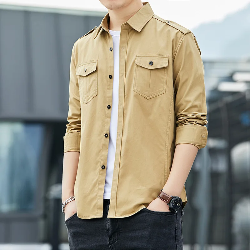 #4739 Khaki Blue Green Casual Military Cargo Shirt For Men Long Sleeves Slim Fit Men's Shirts Cotton Lapel Collar Plus Size 5XL | Мужская