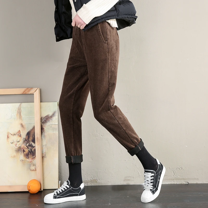 Женские вельветовые брюки с высокой талией REALEFT повседневные длинные