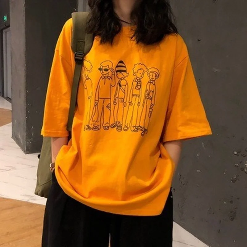 

MINGLIUSILI Vintage T-shirts for Women 2021 Fashion Women Clothing Summer Short Sleeve Tops Mujer Print Loose Woman Tshirts