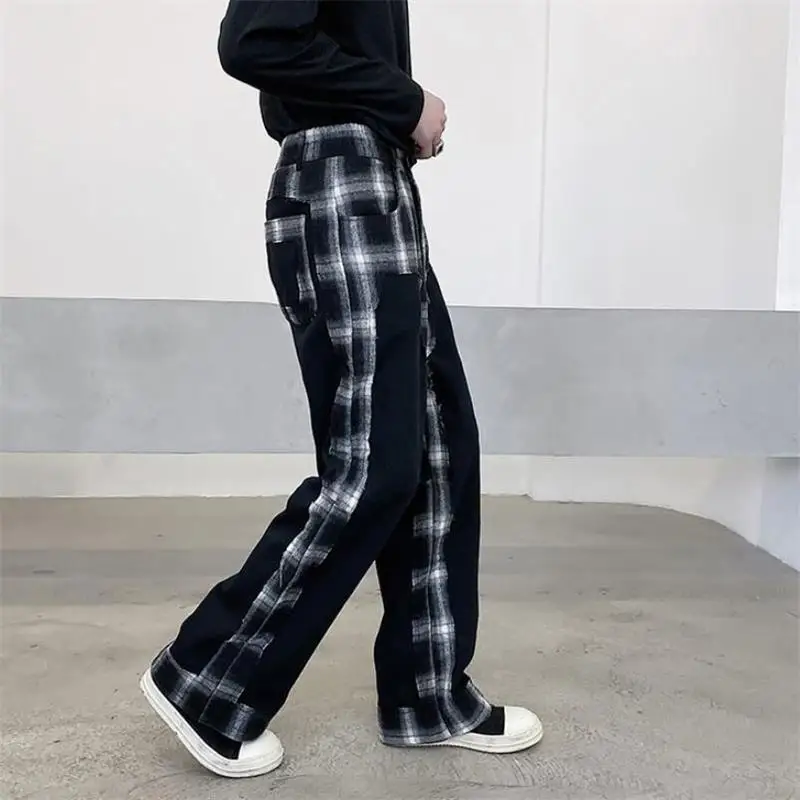 Men Straight Pants a Personality Pattern Splicing Color Design Spring And Autumn Korean Lovers With Leisure Large Pants