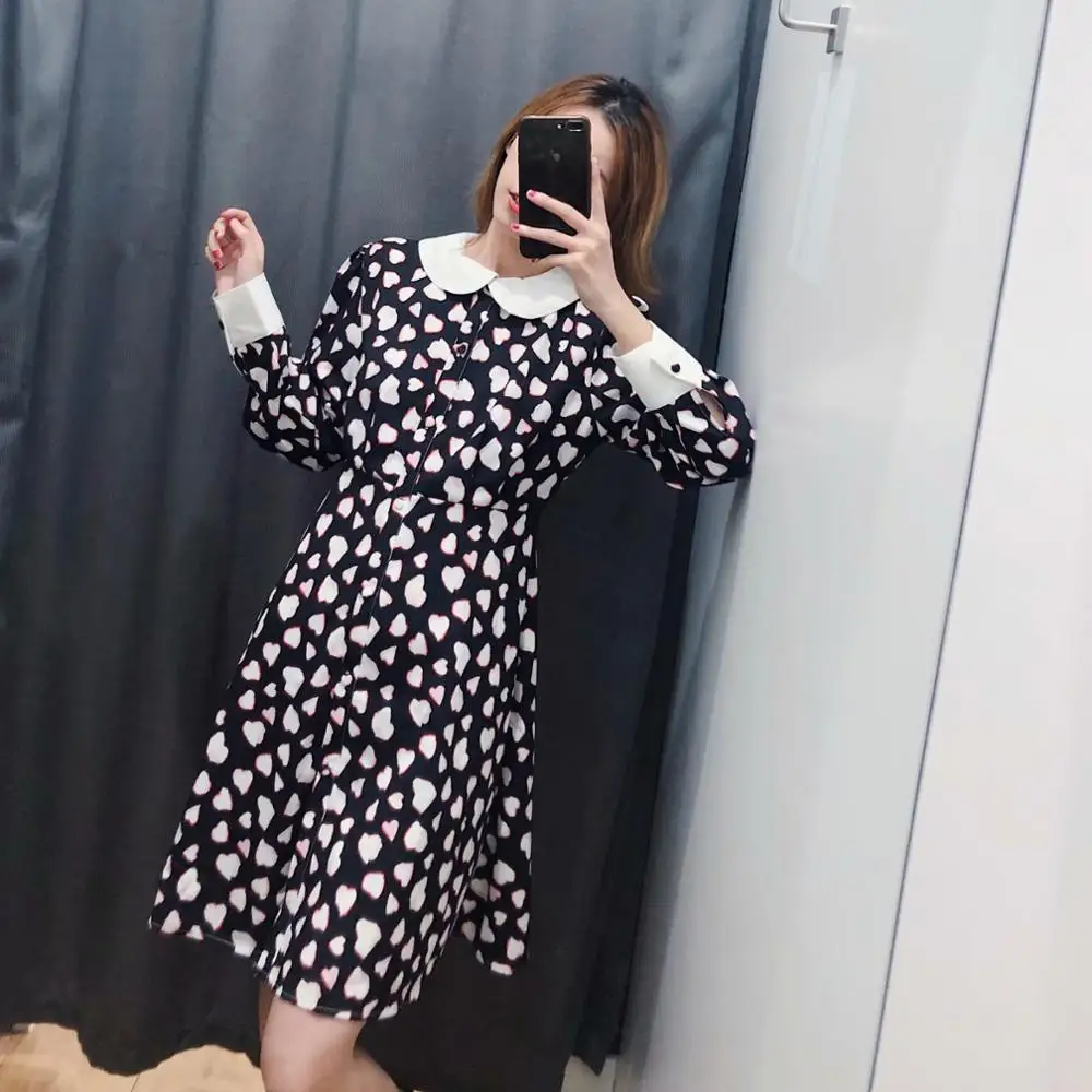 Новинка 2020 женское повседневное тонкое платье с длинным рукавом и принтом сердец