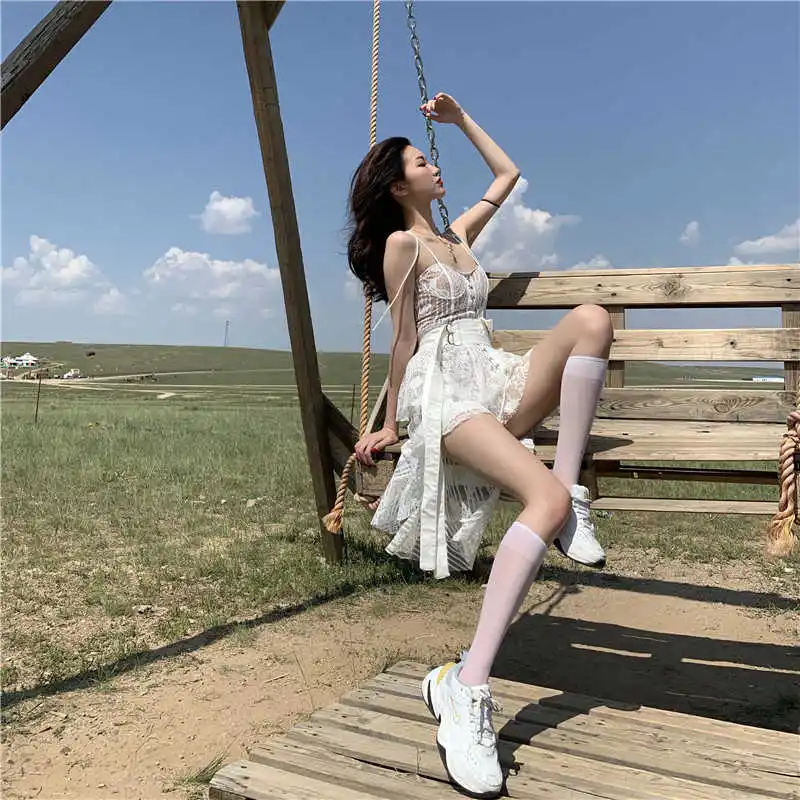 

Summer New Retro Loose All-Matching Short Denim Jacket Women + Irregular Lace See-through Slip Dress Set