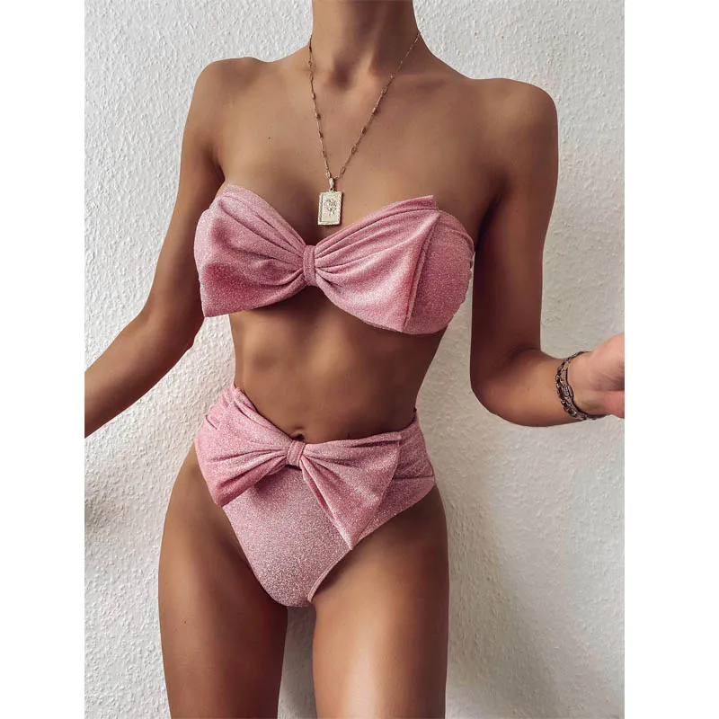 Розовый бантик милый купальник без бретелек высокая талия бикини женский