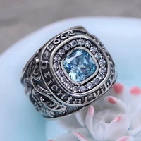 925 sterling silver blue topaz ring hand carved dragon and tiger rings for men vintage thai silver fine jewelry