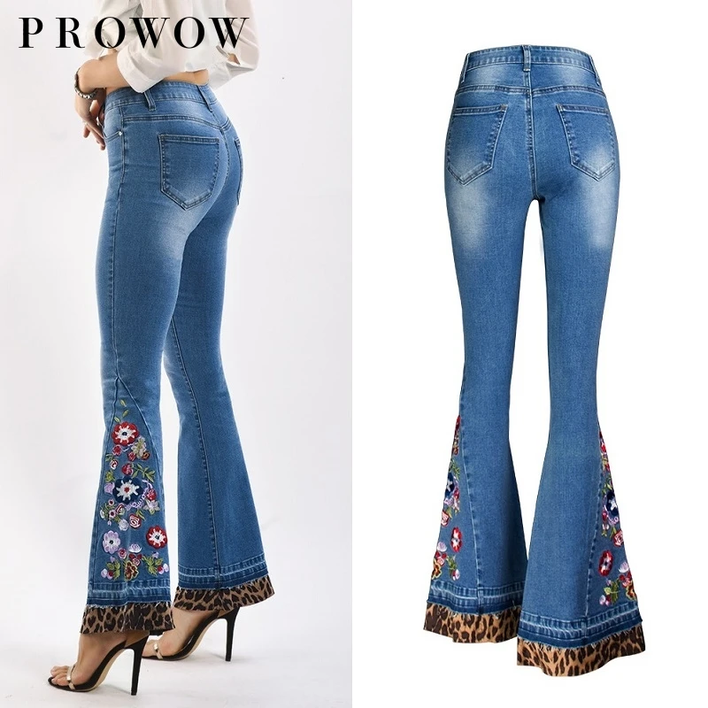 

Embroidery Jeans Woman Skinny Flare Pants Denim Ladies Casual Jeans Plus Size 4XL Splicing Leopard Denim Denim Wide Leg Pants