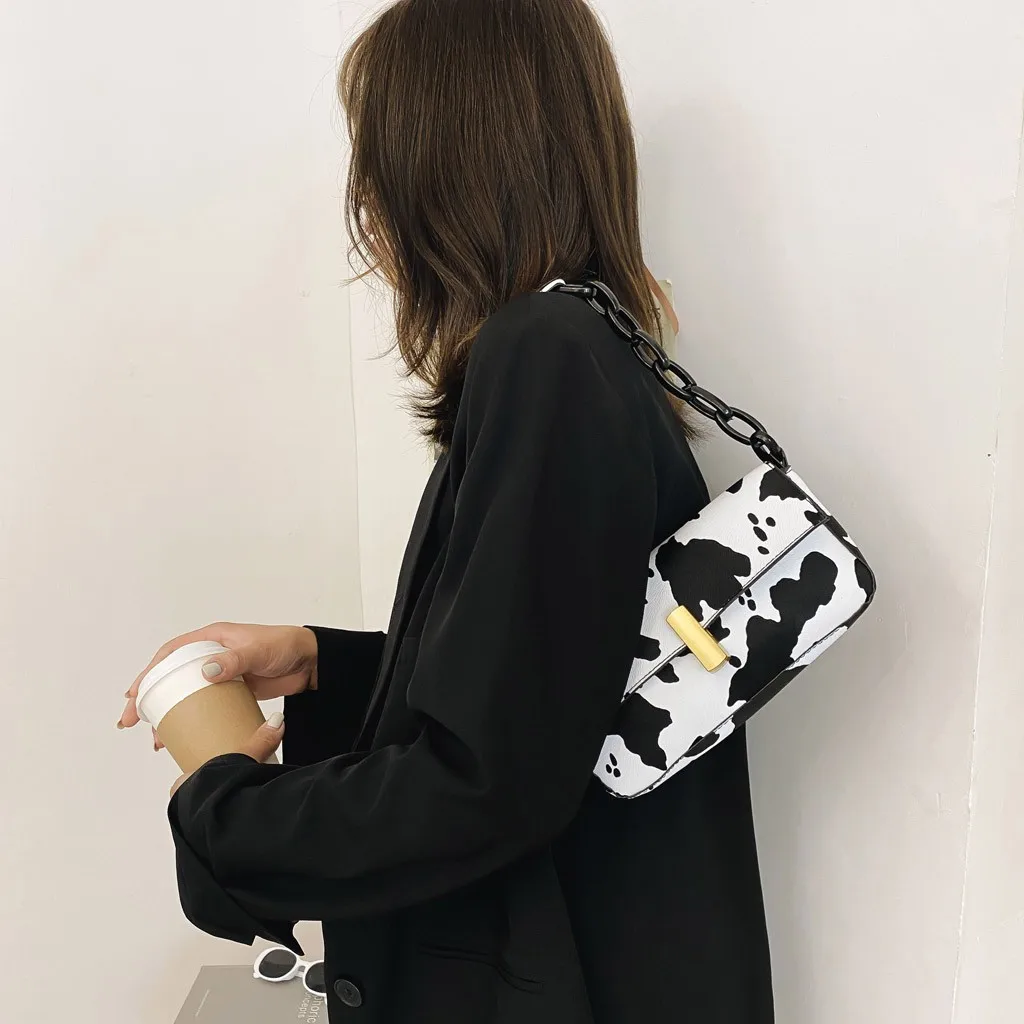 Винтажные кожаные женские сумочки Багет модные сумки с рисунком коровы на плечо