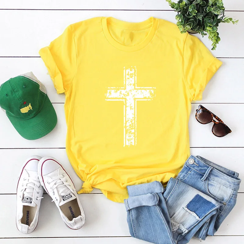 Новые модные Для женщин футболки летние шорты рукавом Винтаж футболка Jesus христианский крест печати Топы Женская футболка плюс Размеры