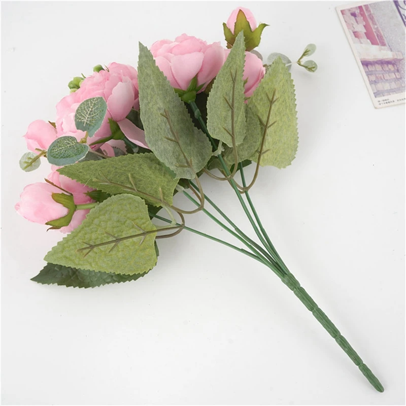 

2 Pcs Artificial Peony Flowers Bouquet Fake Flowers for Wedding Bridal Home Decoration, 5 Forks, 9 Heads, Red & Pink