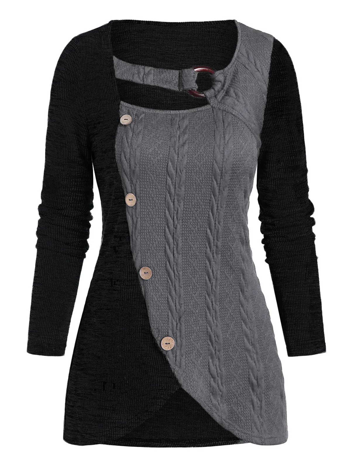 ROSEGAL Women Pullover Sweater Cable Knit Mock Button O-Ring Ribbed Contrast Scoop Neck Cut Out Asymmetric Long | Женская одежда