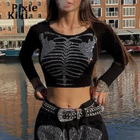 pixiekiki sparkling rhinestone skeleton graphic t shirts cyber y2k gothic grunge clothes sexy black long sleeve crop top p84bd16