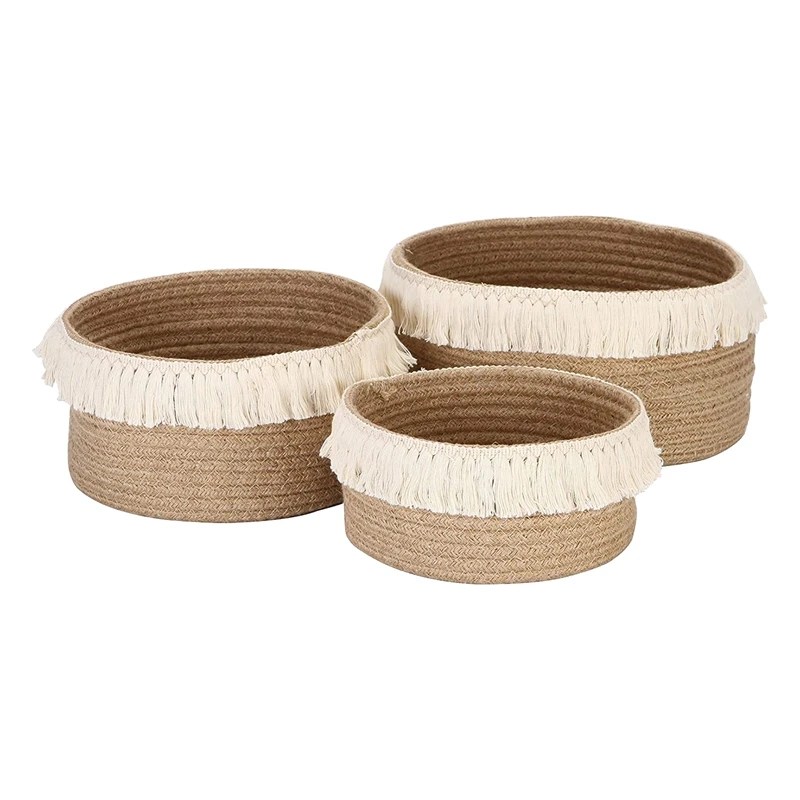 

Storage Baskets Organizer Set of 3 Box Bins in Jute Tassels Lace for Bedroom Living Room Toiletry Sundries Toys Decor