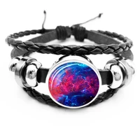 earth satellite bracelet glass cabochon black leather snap button unicorn childrens bracelet men and women jewelry gifts