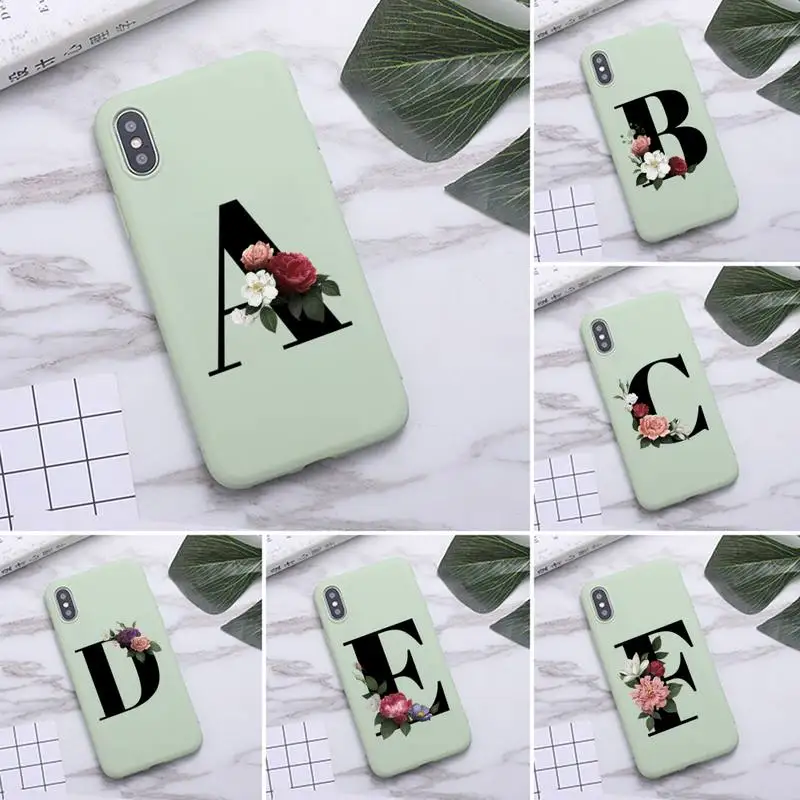 

Cute cartoon personalized letter flower Phone Case for iPhone 11 Pro Max X XR XS 8 7 6s Plus Candy green Silicone Cases