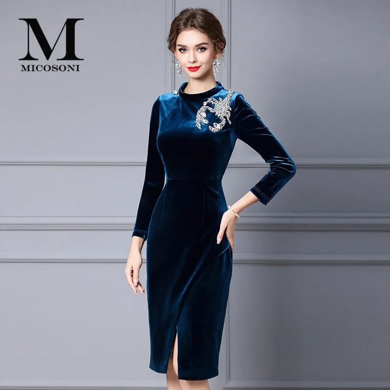 

High-End Quality Rhinestone Autumn and Winter New Pleuche Hand-beaded Lobster Knee-Length Slit Office Lady Skirt Dress Plus Size