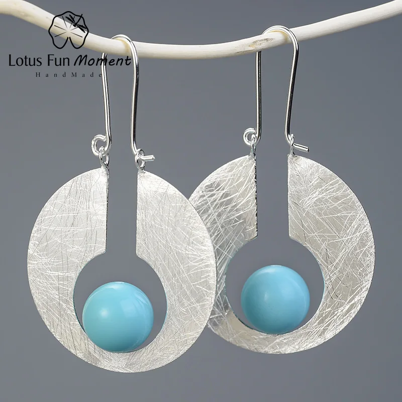 Silver blue Lotus весело момент Настоящее серебро 925 проба Натуральный ручной работы дизайнер ювелирных украшений яркий круглый серьги-висюльки с Луной для Для женщин - Окраска металла: Silver blue