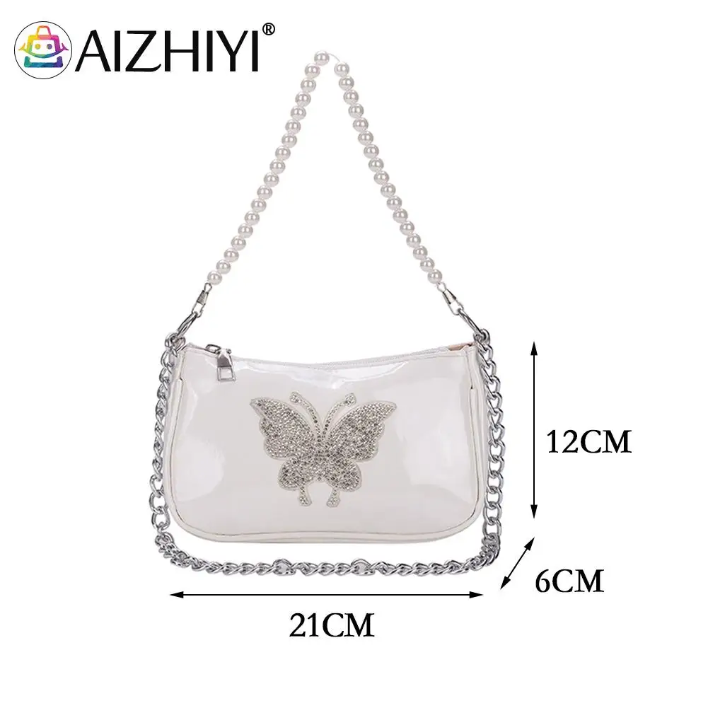 

Vintage Women PU Leather Butterfly Rhinestone Shoulder Underarm Bags Casual Ladies Pearl Mini Handbags Purse