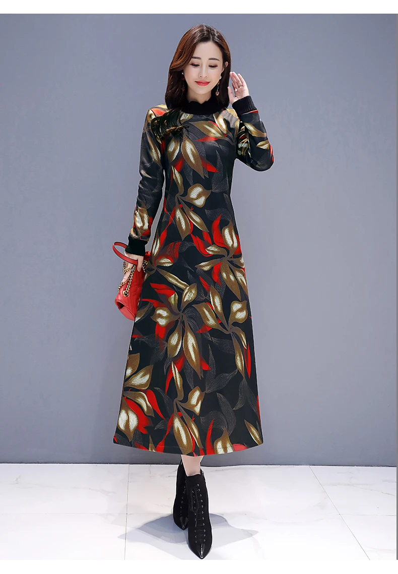 P Ammy Winter Plus Velvet thickening Floral print Retro Mid-Long Dress women Fleece Lining Slim Dress plus size