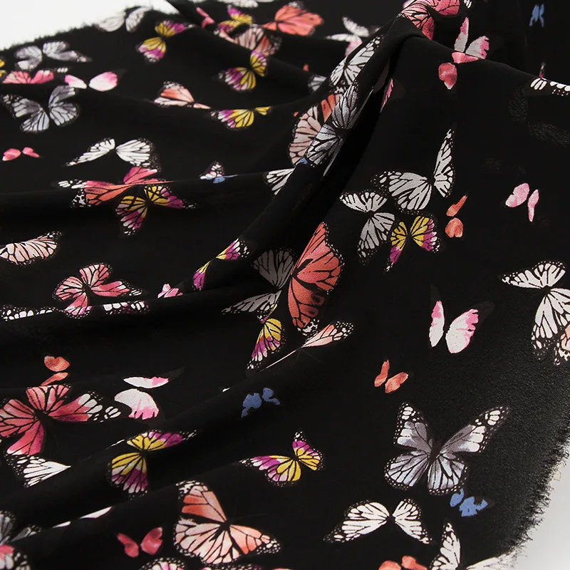 Black Printed Chiffon Crepe Floral Fabric Butterfly Pattern Dress Fashion Polyester Thin Silky Design Summer Material By Meter