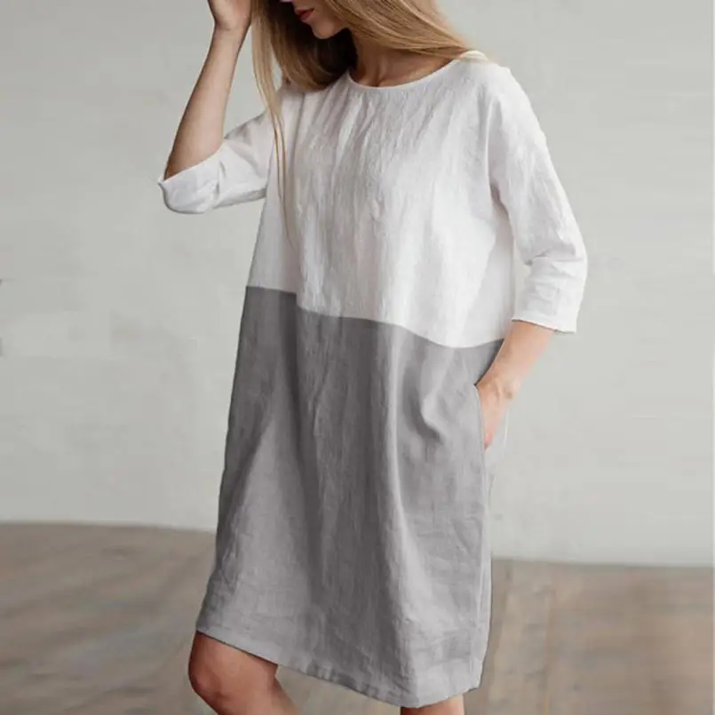 

dress Women Casual Patchwork 1/2 Sleeved Cotton Linen Dress Oversize Loose Pockets Tunic dress women 2021