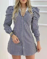 2021 new striped shirt dress women puff sleeve slim sexy dress