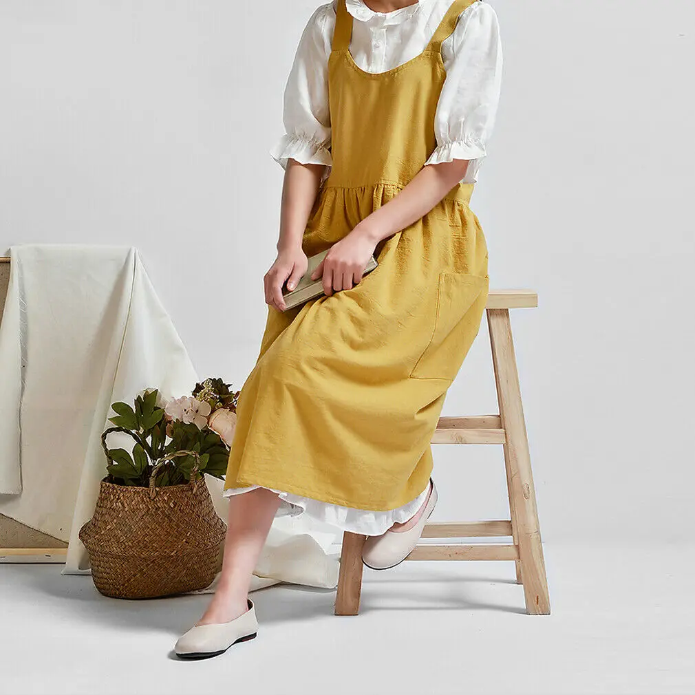

Women Cotton Linen Bib Apron Japanese Style Sleeveless Pinafore Home Kitchen Coffee Cooking Florist Aprons Dress