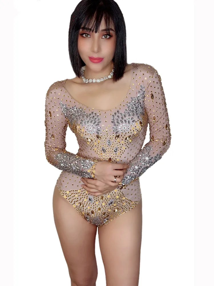 Nightclub Sexy Club Wear Gold Rhinestones Skinny Bodysuit Long Sleeve Stretch Leotard Stage Dance Costume Acrobatics Clothes