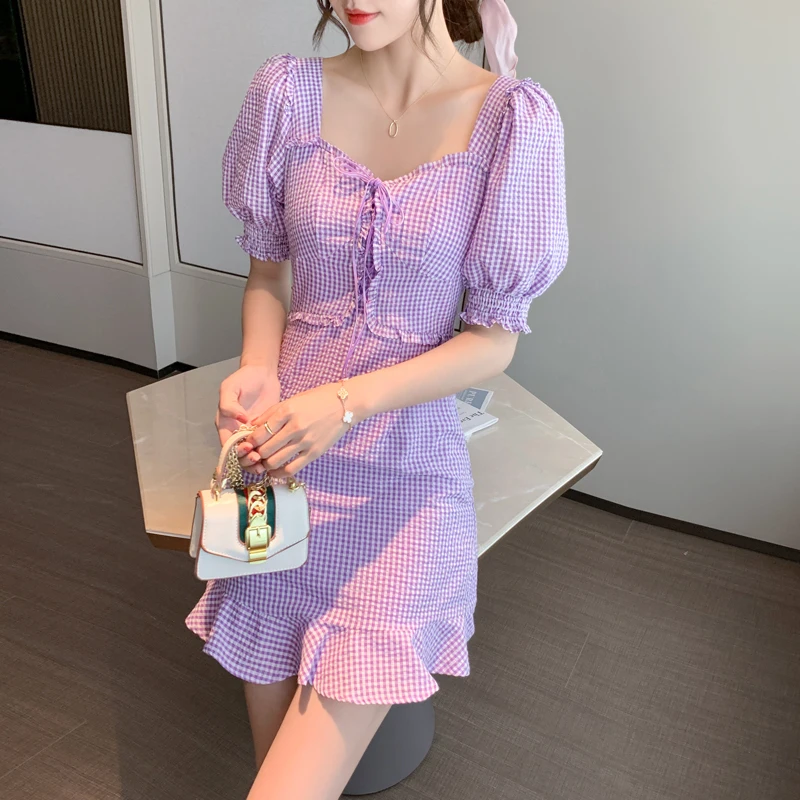 

COIGARSAM Women Mini dress New Summer Puff Sleeve High Waist Thin Dresses Purple 1097