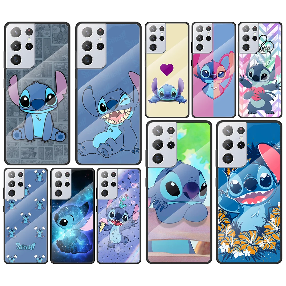 

Stitch blue disney cartoon for Samsung Galaxy S21 Ultra Plus A72 A52 4G 5G M51 M31 M21 Luxury Tempered Glass Phone Case Cover