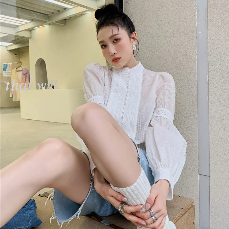 

Kimotimo Vintage White Long Sleeve Shirt Women French Palace Style Stand Collar Pearl Button Tops 2021 Summer Fashion Clothes