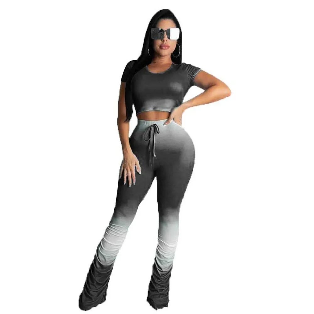 

Gradient Color 2 Piece Outfit Women Holiday Tracksuit Short Sleeve Crop Top and Stacked Jogger Pant Sweat Suits Lounge Wear Suit