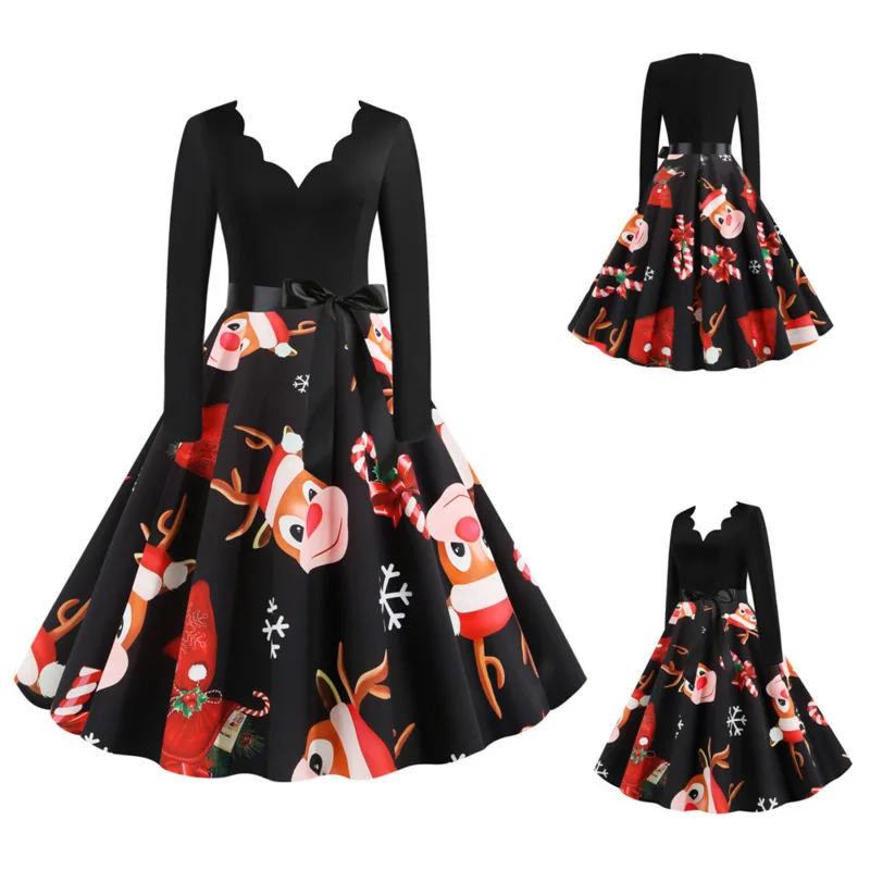 

2020 Autumn Long-sleeved Burnt Flower V-neck Printed Long-sleeved Fashion Big Swing Dress Female Long-sleeved Christmas Dress
