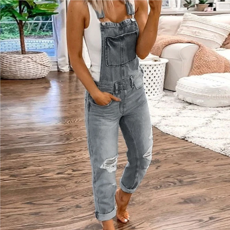 Streetwear Pants Women Explosion Suspender Pants Women Waisted Wide Leg Denim Pants Ripped Straight Leg Jeans Bib Pants Women