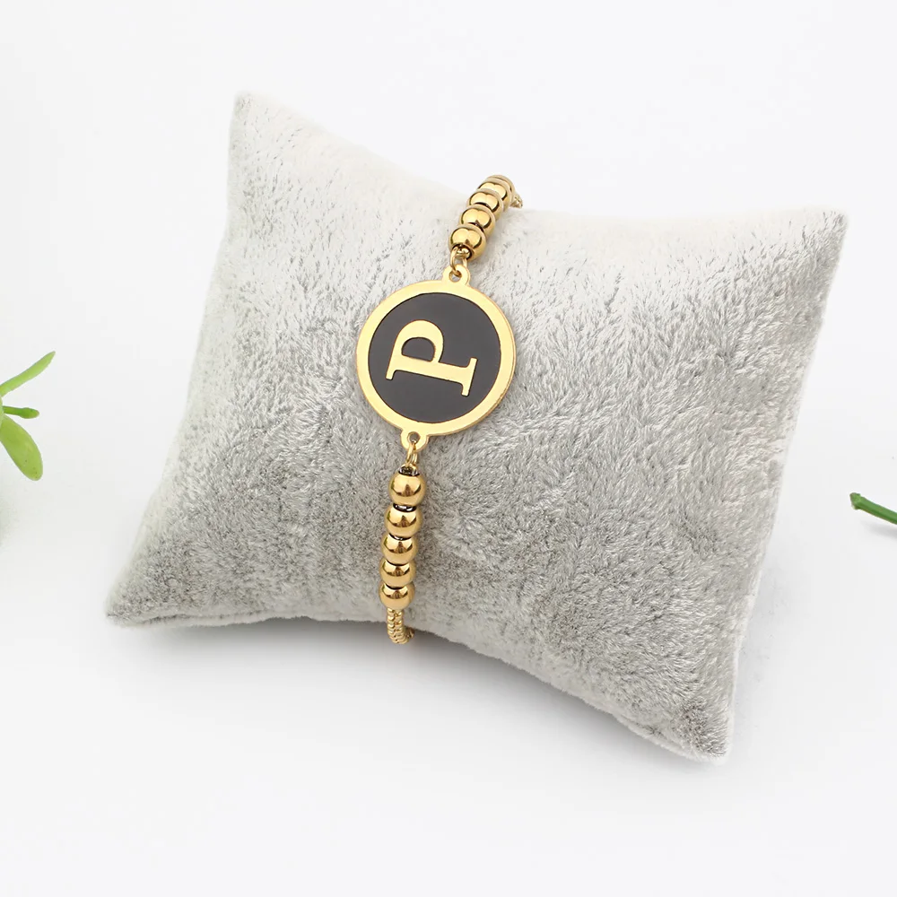 FINE4U B286 Adjustable 5mm Beaded Bracelets Stainless Steel Initial Letter Charm Bracelet Named Jewelry For Unisex | Украшения и