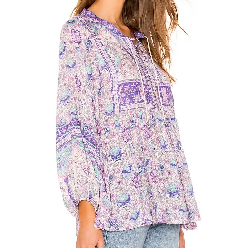 BOHO вдохновленная блуза Boho с цветочным принтом, с длинным рукавом и О-образным вырезом, богемные свободные женские топы, повседневные шикарные весенне-летние блузки