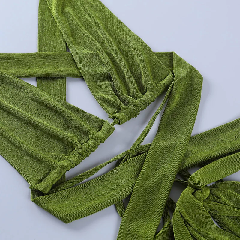 

Gtpdpllt Green 2021 Summer Bandage Crop Top And Long Pants High Waist Women Set Fashion Two Piece Sets Sexy Beach Outfits Casual