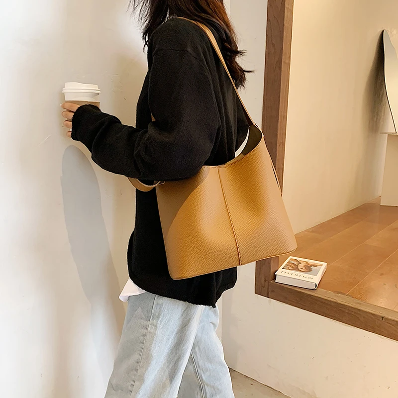 

casual women shoulder bags designer handbags luxury pu leather messenger bag simply large capacity bucket female big purses 2020