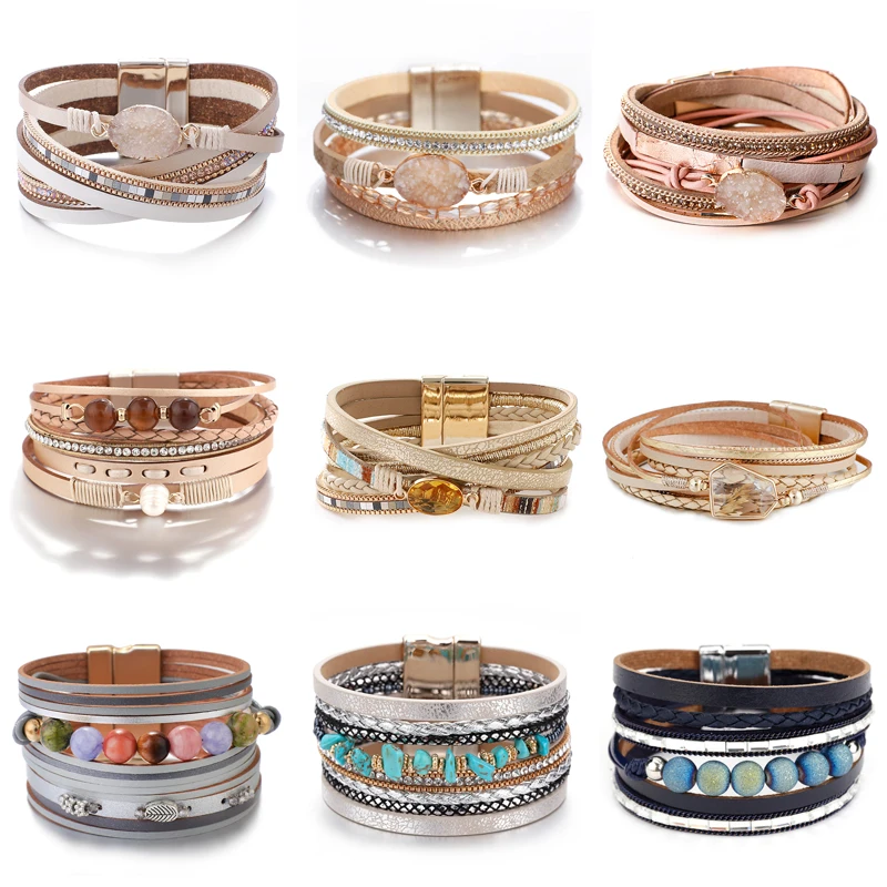 

Amorcome Bohemian Natural Stone Charm Leather Bracelets for Women 2020 Fashion Crystal Multilayer Wrap Bracelet Female Jewelry