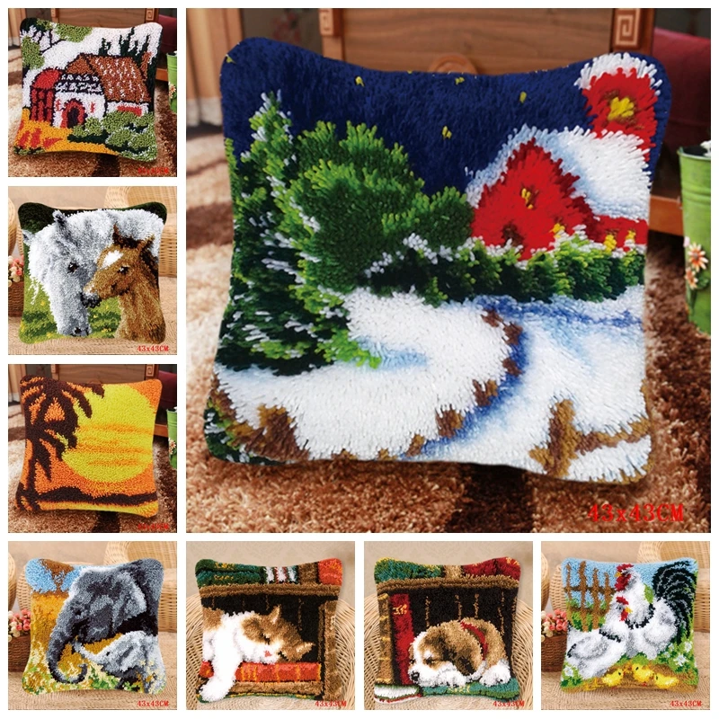 

Foamiran White Snow And House Carpet Embroidery Pillow Knooppakket Needlework Set Latch Hook Cushion Knoopkussen Button Package
