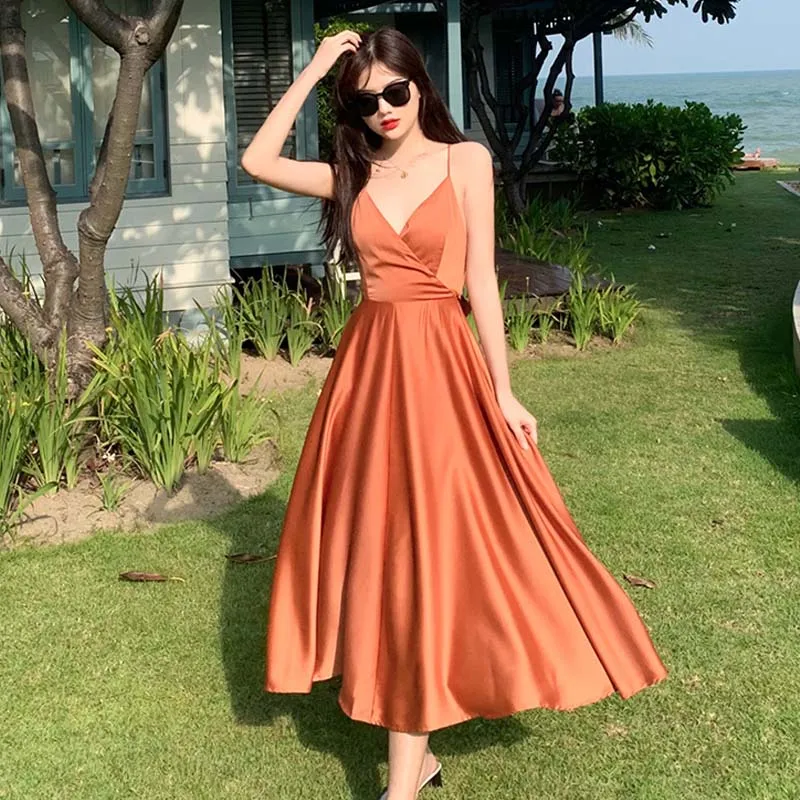 

Summer 2021 New Korean Long Women Slip Dress Elegant Vacation Party Night Dress Sexy Backless Tropical Beach Sundress Vestidos