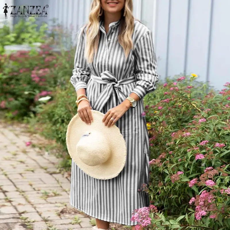 

ZANZEA Autumn Elegant Long Sleeve Midi Kaftan Faldas Largas Belted Robe Oversized Sundress Women Casual Striped Printed Dress