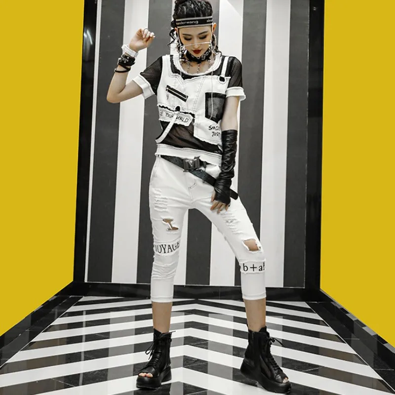 New Fashion Summer Women White Hole Ripped Denim Cotton Two Piece Set Mesh Patchwork Spliced Punk Mid Calf Pants Matching Sets
